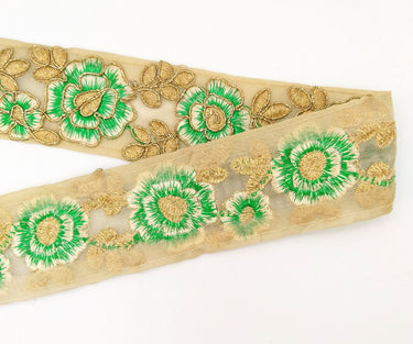 Green and Gold Floral Embroidery Trimming, Embroidered Roses Flowers Trim, Sheer Fabric Lace